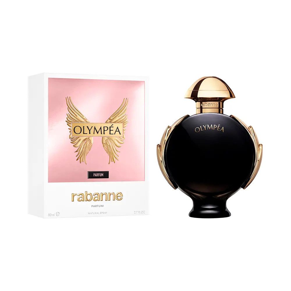Schwarze Parfümflasche mit goldenen Akzenten und passender Verpackung. OLYMPÉA von Rabanne.