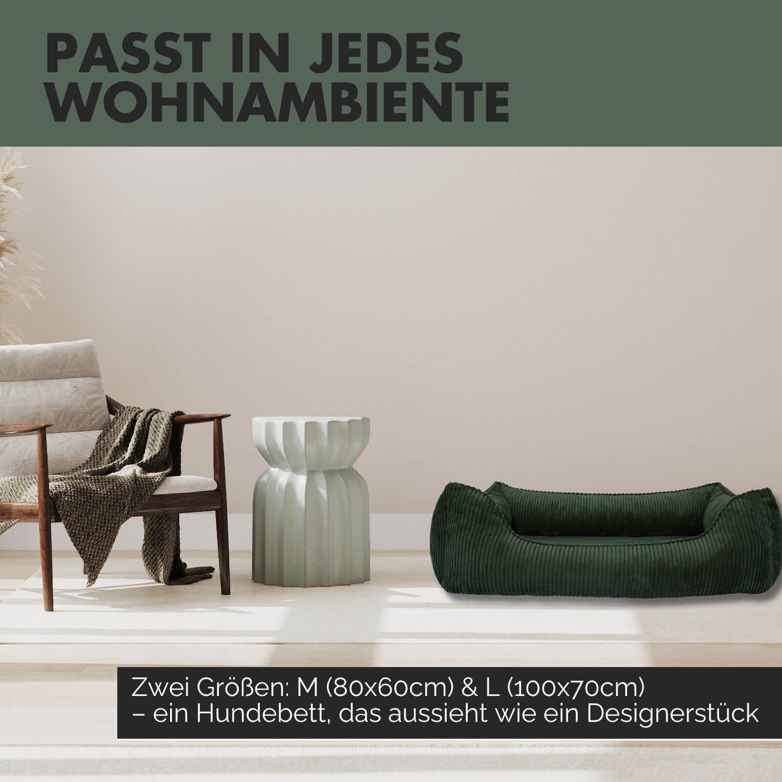 Hundebett in einem Wohnambiente. Zwei Größen: M (80x60cm) & L (100x70cm).