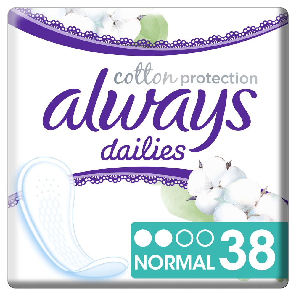 Verpackung von Always Slipeinlagen. Aufschrift: Cotton Protection, always dailies, Normal, 38 Stück. Abbildung einer Slipeinlage und Baumwollblüten.