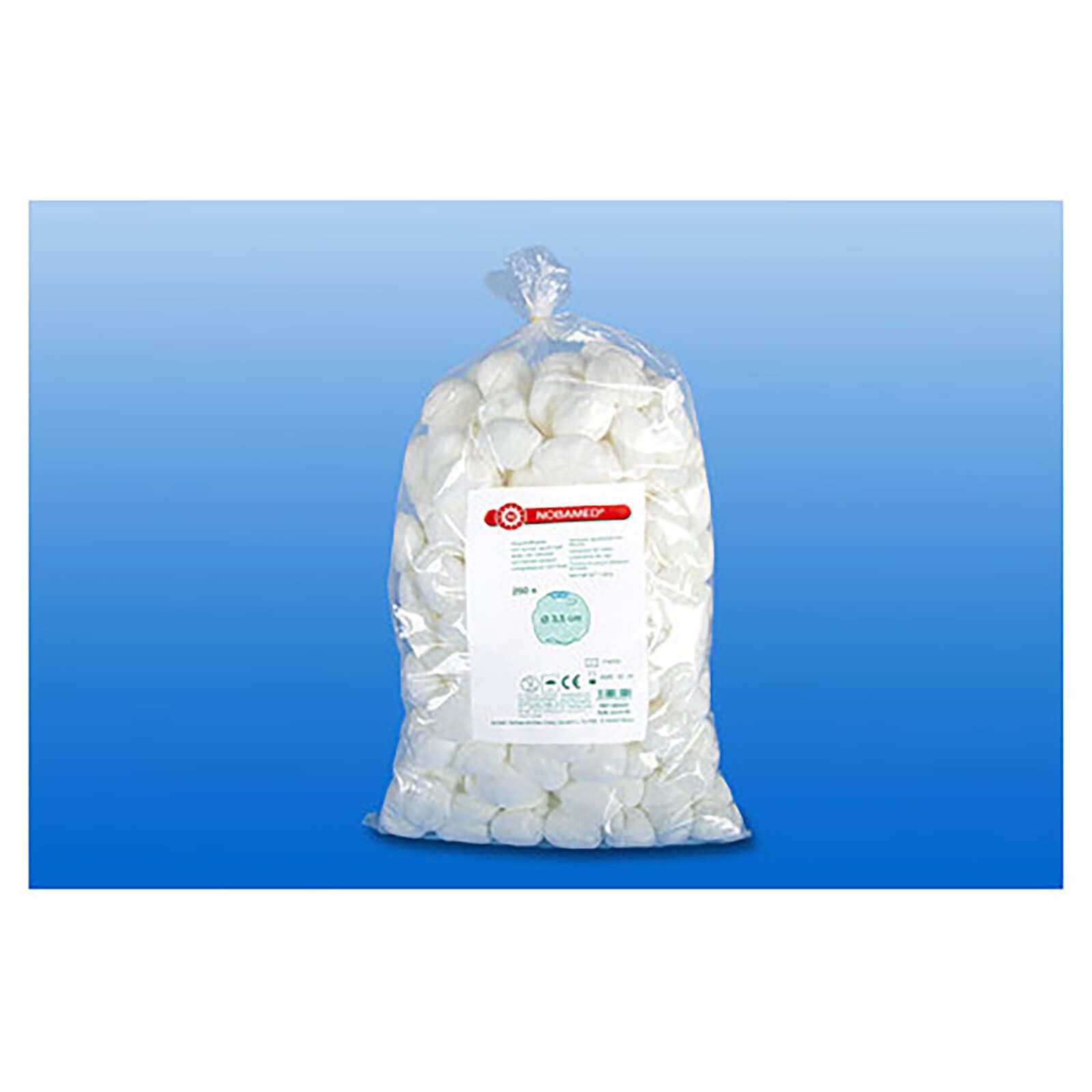 Beutel mit weißen Vliesstofftupfern. Aufdruck mit Logo und Produktinformationen. Durchmesser 3,5 cm.