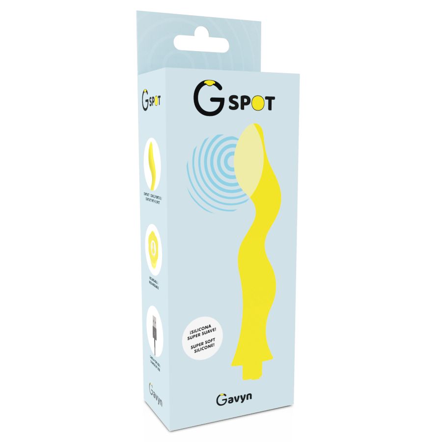 Verpackung für G-Spot Vibrator. Hellblaue Box mit Produktabbildung. Text: G-SPOT, Gavyn, Silikon.
