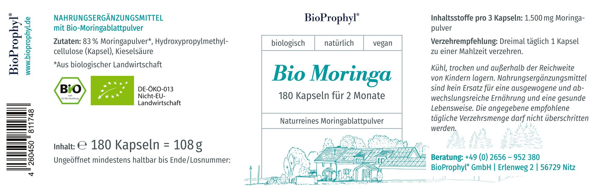 Etikett mit Produktinformationen. BioProphyl Bio Moringa. 180 Kapseln. Zertifizierungen: Bio, vegan. Inhaltsstoffe und Verzehrempfehlung.