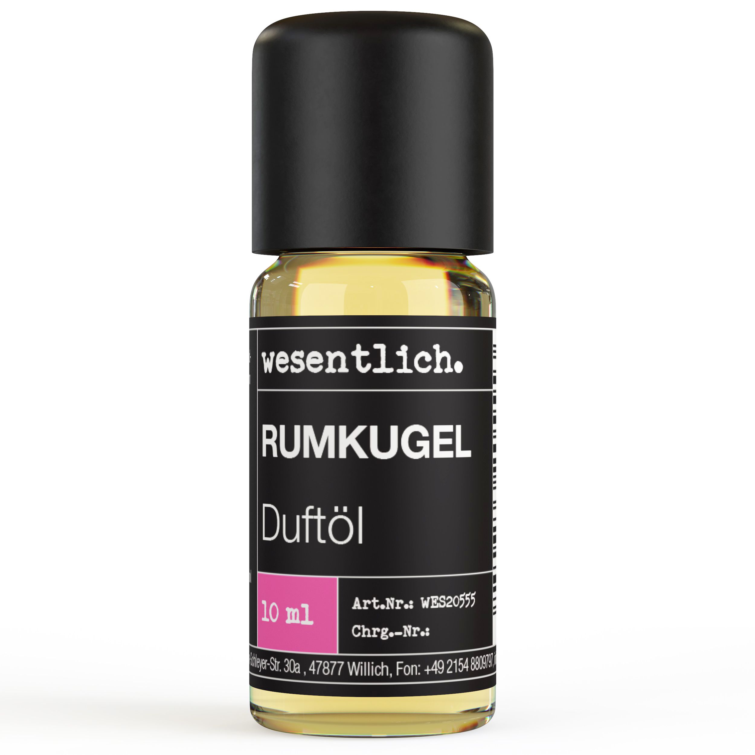 Kleine Flasche mit schwarzem Deckel. Aufschrift: wesentlich., Rumkugel, Duftöl. Rosa Etikett mit weiteren Angaben.