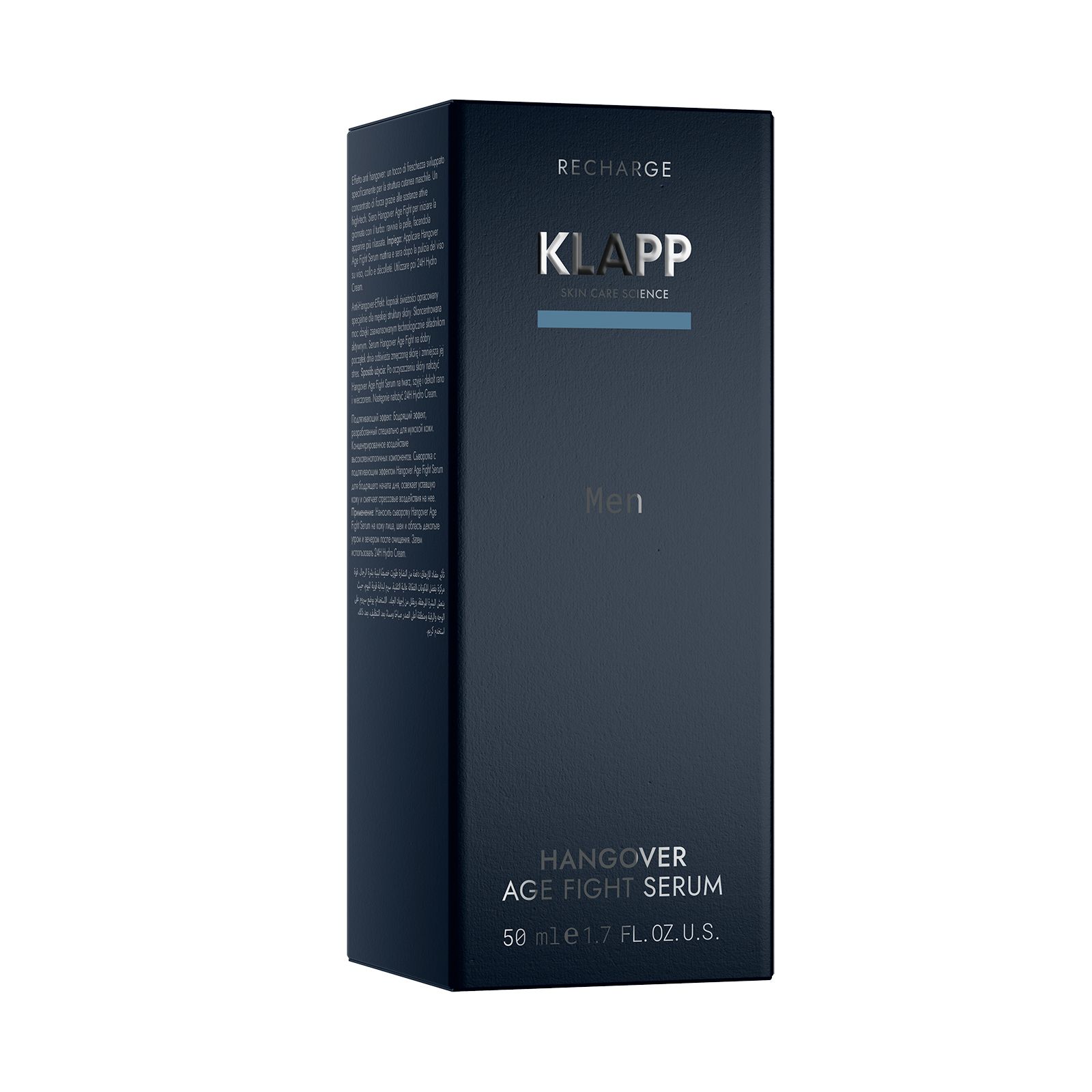 Dunkelblaue Produktverpackung. Aufschrift: KLAPP Men, Hangover Age Fight Serum, 50 ml.