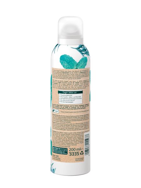 Kneipp Schaum-Dusche Goodbye Stress. Dos de la bouteille blanche avec texte. Informations sur le produit et logo visibles.