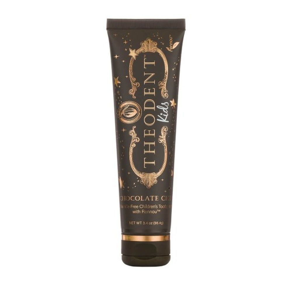 Zahncremetube mit goldfarbenem Aufdruck. Aufschrift: Theodent Kids. Fluoridfreie Kinderzahnpasta mit Rennou.