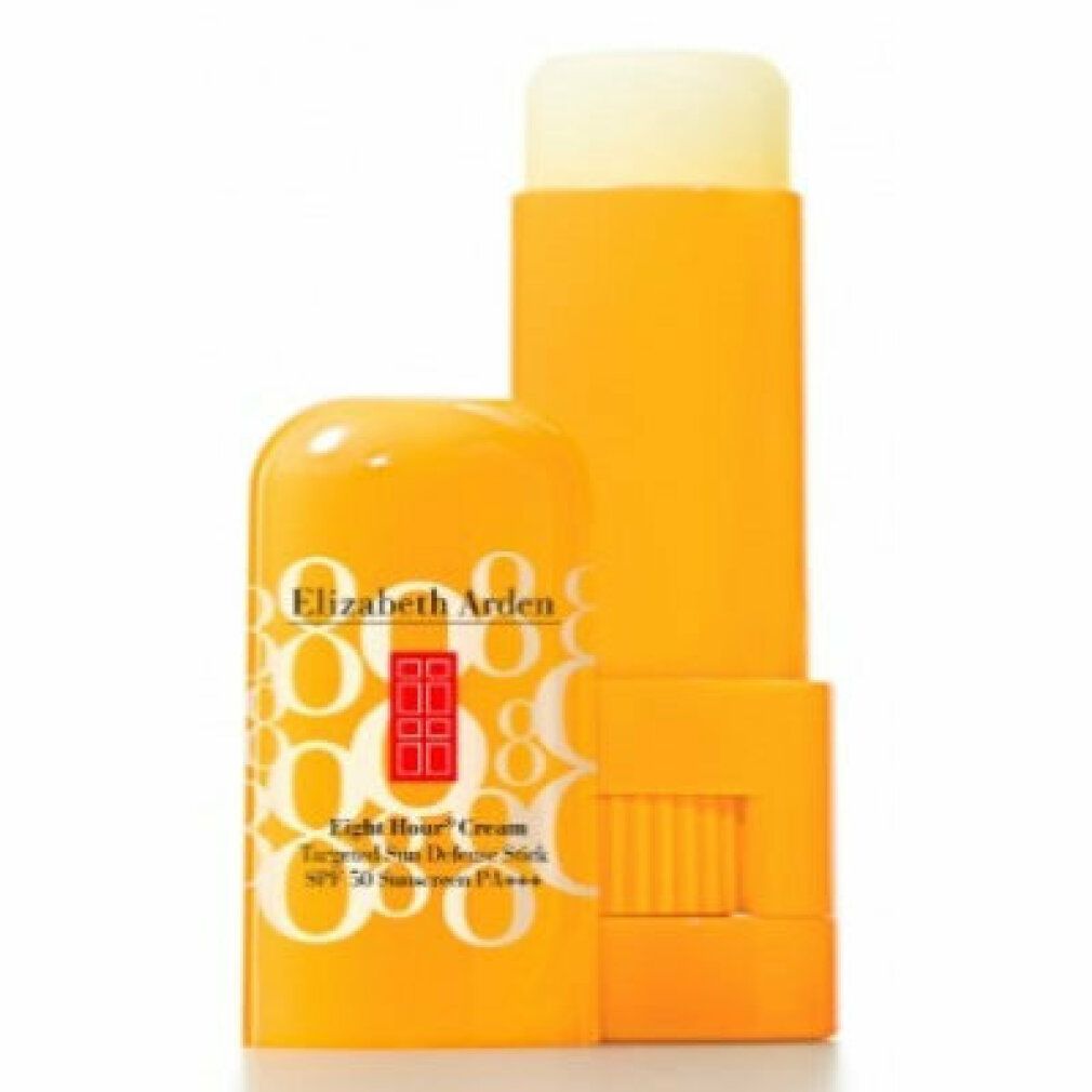 Gelber Sonnencreme-Stick von Elizabeth Arden, geöffnet. Text: Eight Hour Cream Targeted Sun Defense Stick SPF 50. SPF 50.