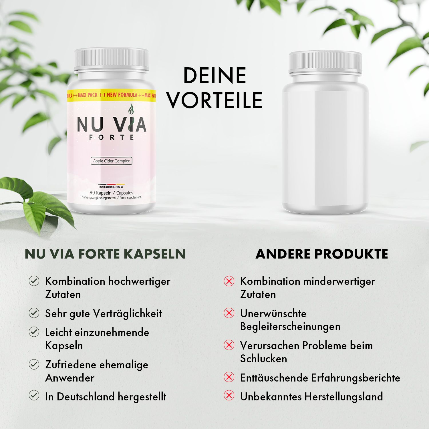 Vergleich von Kapseln und leerer Flasche. Text: Vorteile, Kombination hochwertiger Zutaten, hergestellt in Deutschland.