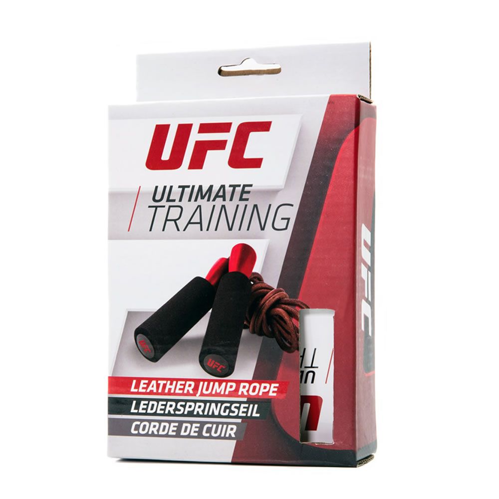 Verpackung mit Springseil. Rote und weiße Box mit UFC-Logo und Produktnamen: LEATHER JUMP ROPE.