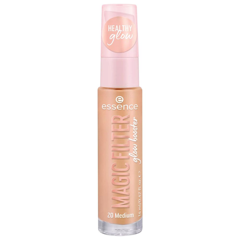 Essence Magic Filter Radiance Boost Foundation. Beige Flasche mit rosa Pumpe. Aufschrift: Magic Filter Glow Booster, 20 Medium, Healthy Glow.
