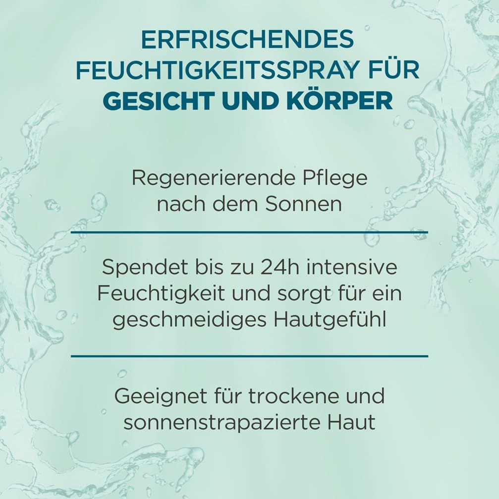 Text: Erfrischendes Feuchtigkeitsspray für Gesicht und Körper. Regenerierende Pflege, bis zu 24h Feuchtigkeit, geschmeidiges Hautgefühl. Für trockene Haut.