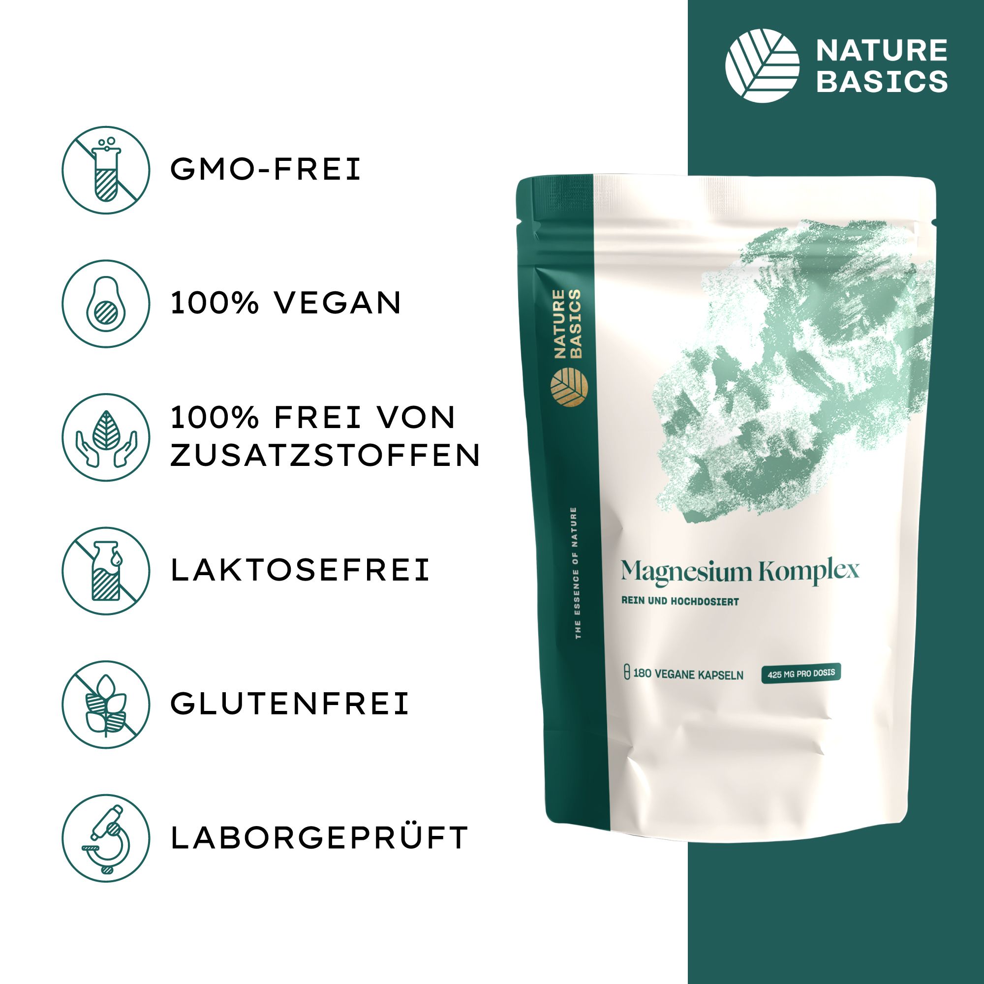 Beutel mit Magnesium Komplex, 180 vegane Kapseln. Links Icons: GMO-frei, 100% vegan, 100% frei von Zusatzstoffen, laktosefrei, glutenfrei, laborgeprüft.