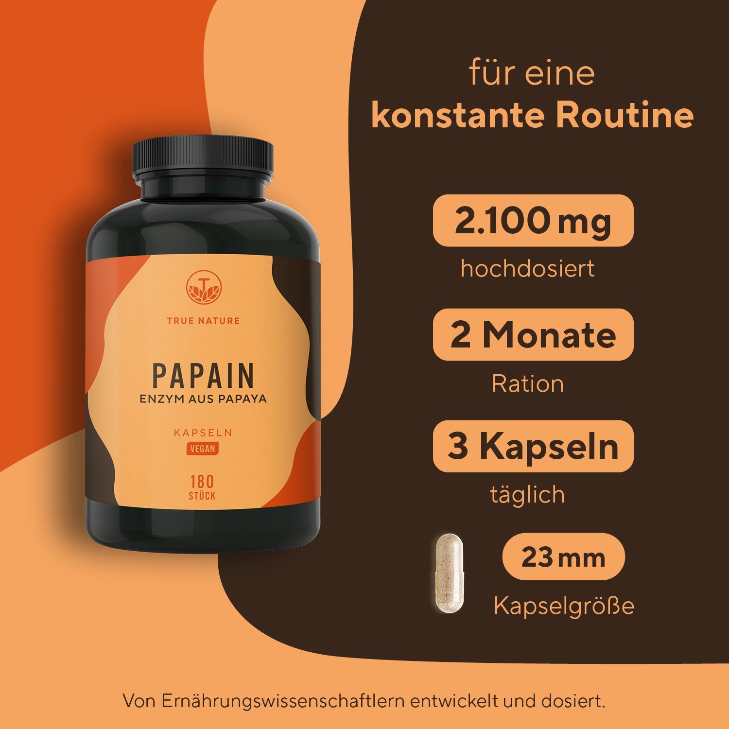 Produktflasche neben Informationen: 2.100 mg, 2 Monate Ration, 3 Kapseln täglich, 23 mm Kapselgröße. Eine Kapsel daneben.