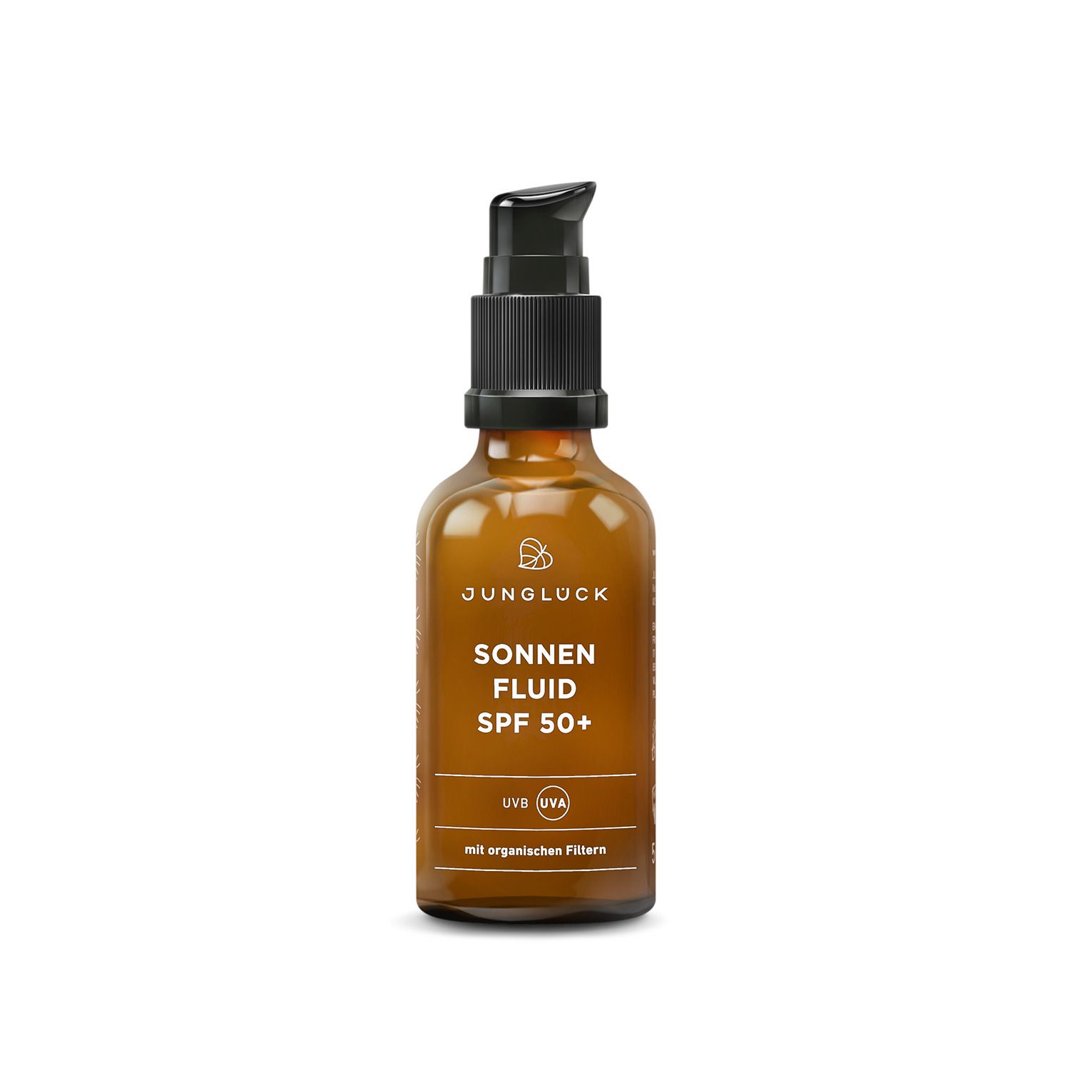 Braune Glasflasche mit schwarzem Pumpverschluss. Beschriftung: JUNGLÜCK Sonnenfluid SPF 50+. Enthält UV-Filter.