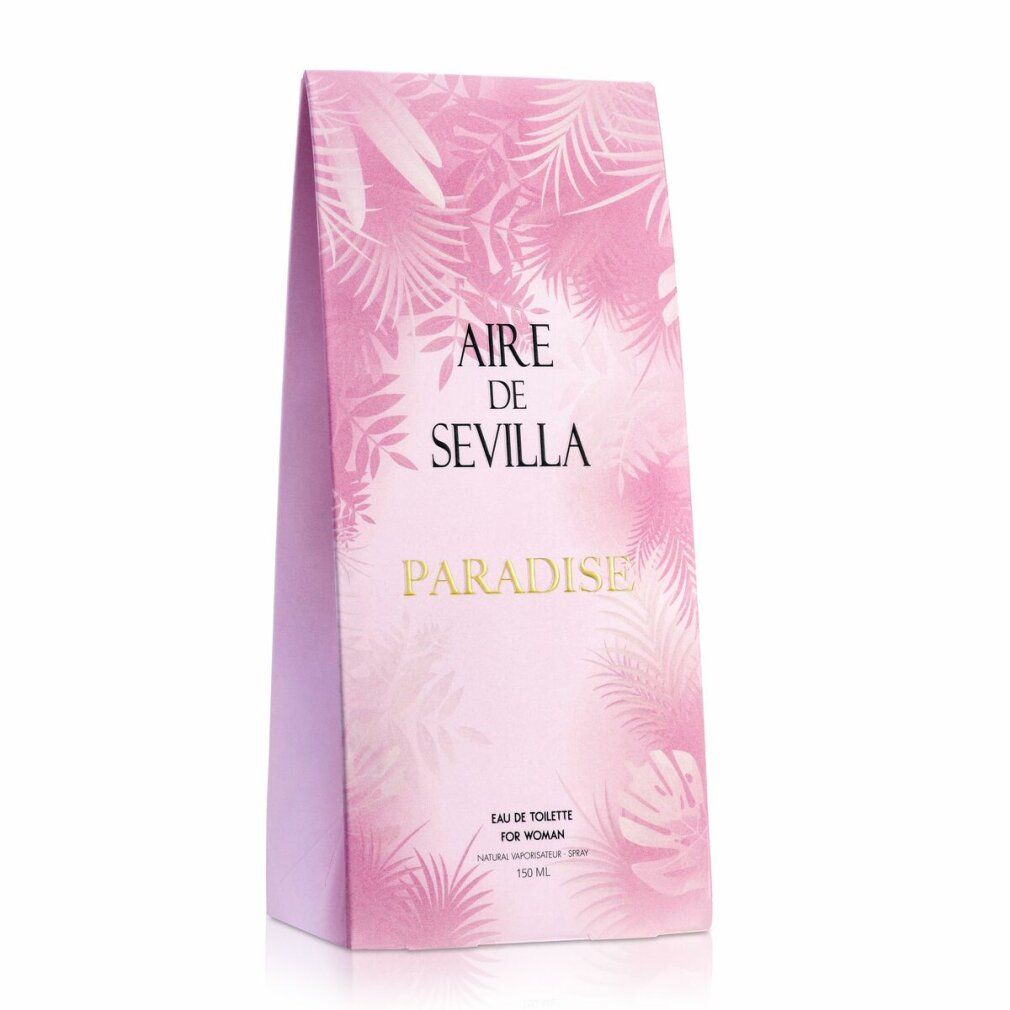 Rosa Verpackung mit Aufschrift: Aire de Sevilla Paradise. Eau de Toilette. Floral Muster.