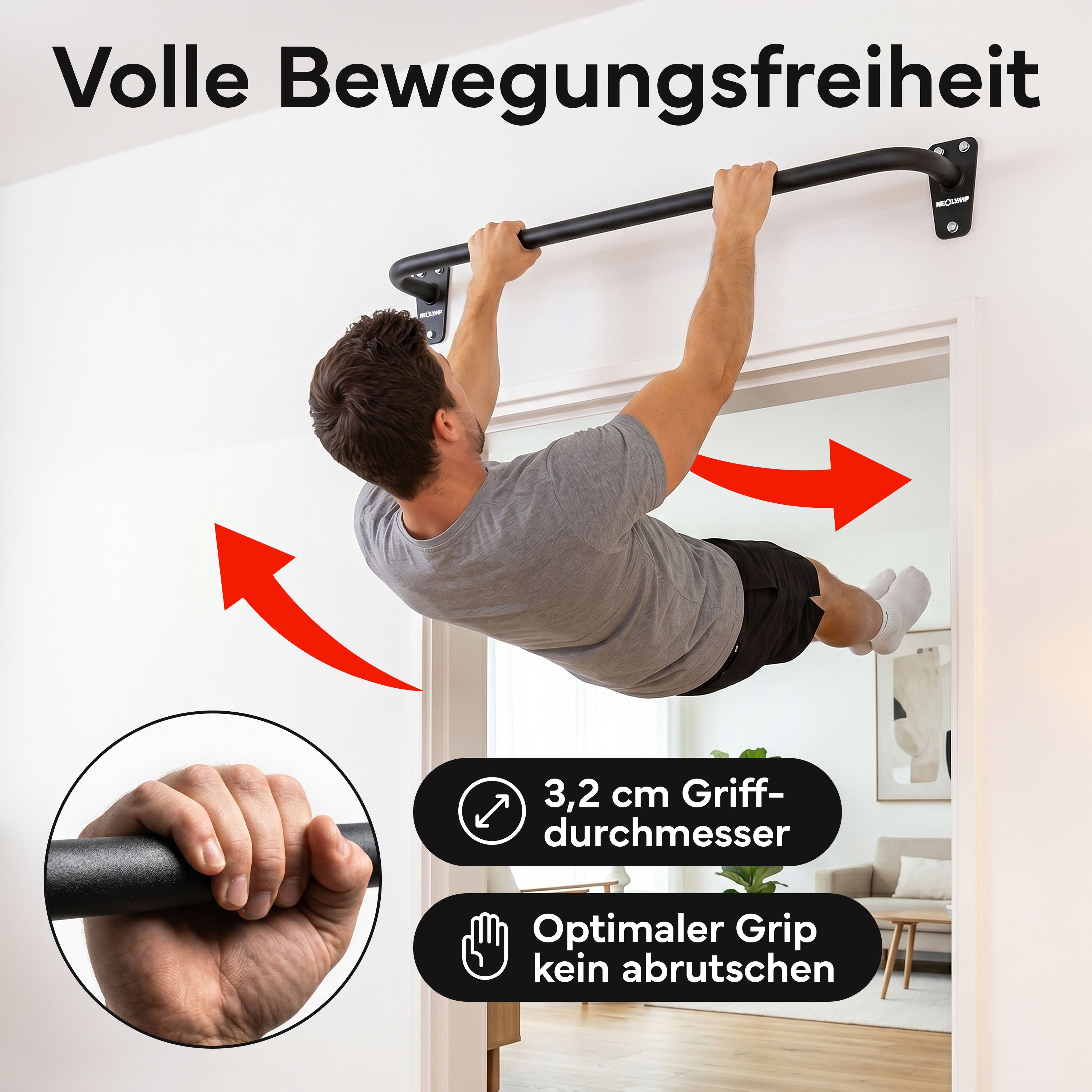 Mann trainiert an schwarzer Klimmzugstange. Griffdurchmesser 3,2 cm für optimalen, rutschfesten Halt.
