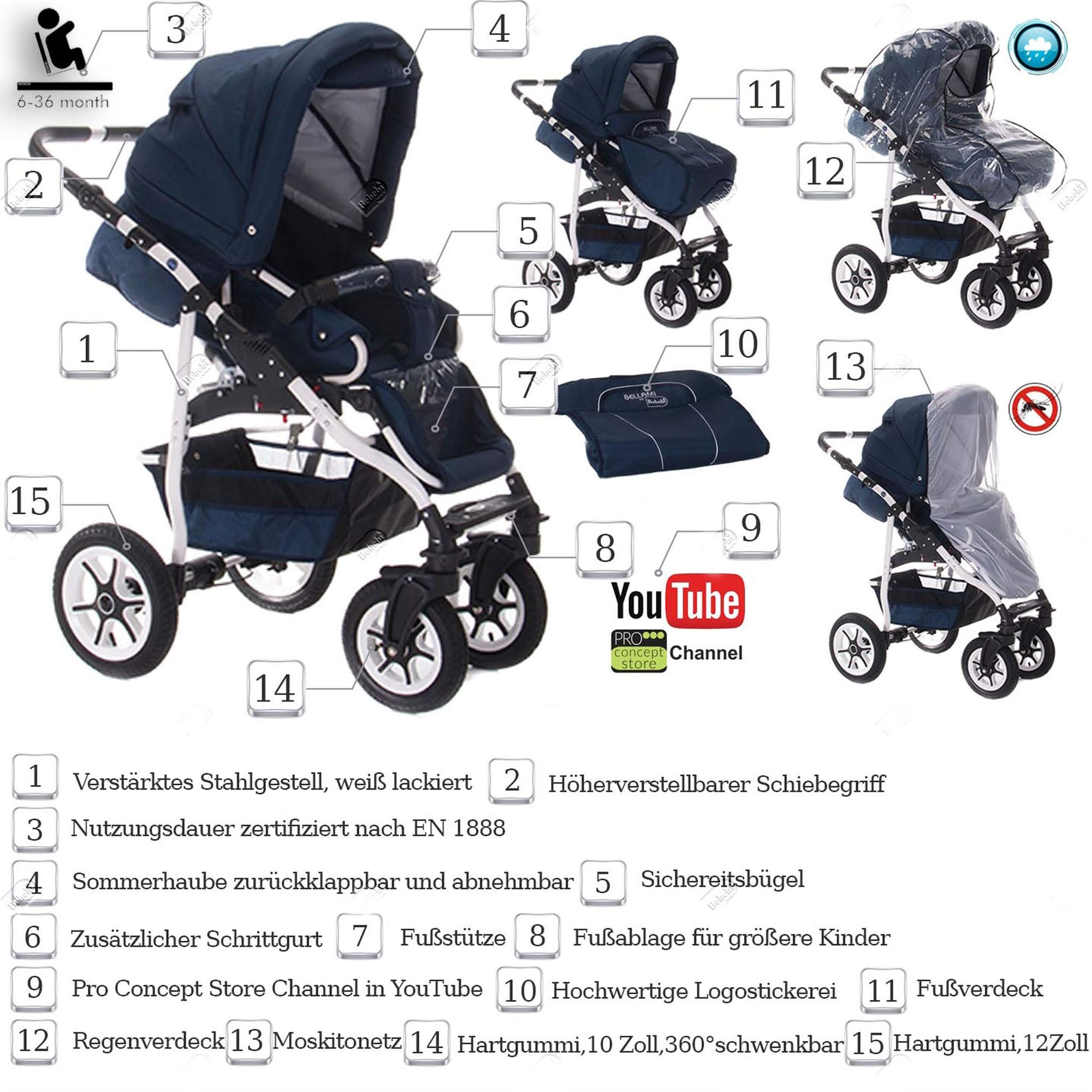 Bebebi Bellami 3 in 1 Kinderwagen Set mit Original Maxi Cosi, Luft Bellablue