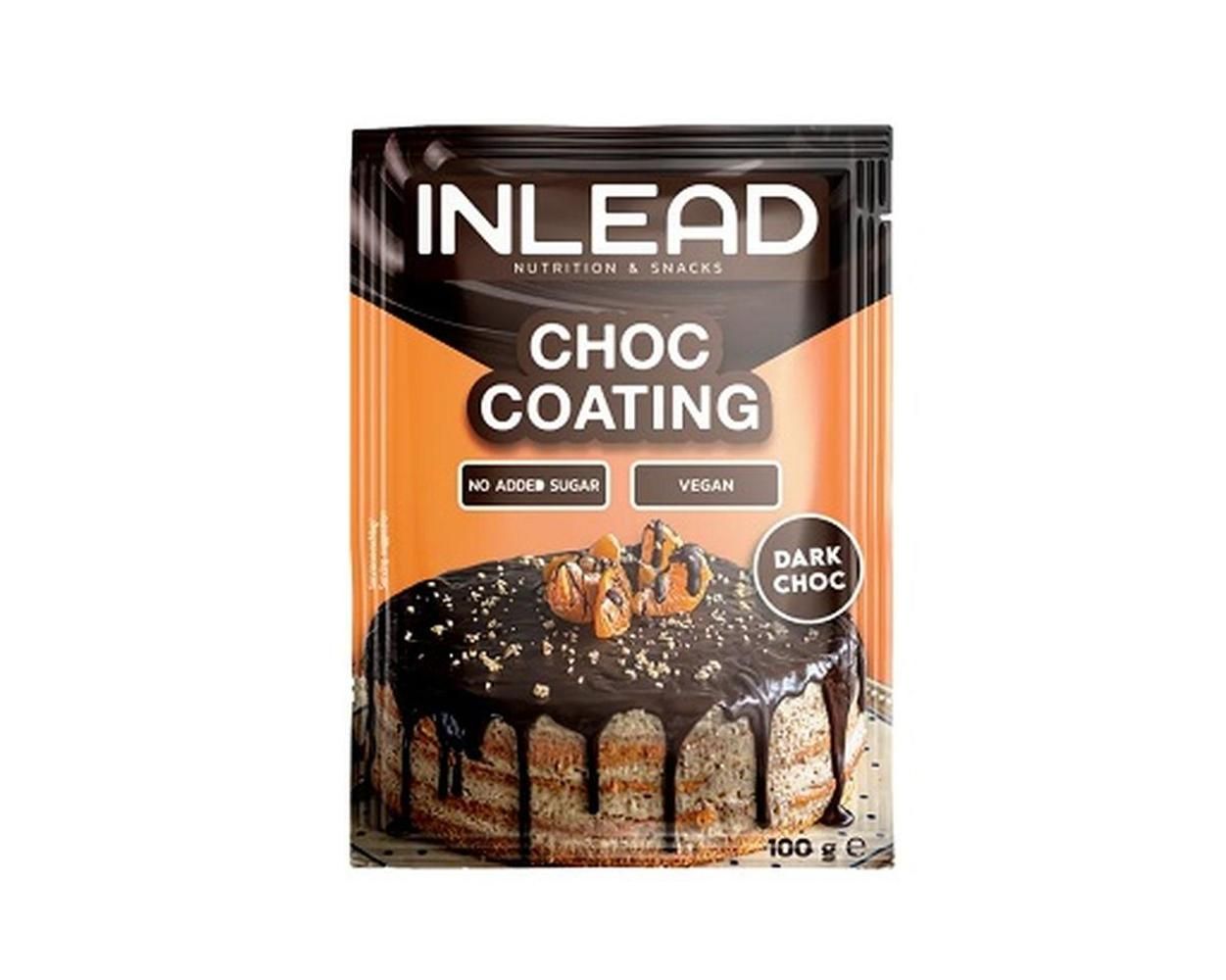 Beutel mit INLEAD Choc Coating. Aufschrift: NO ADDED SUGAR, VEGAN, DARK CHOC. Abgebildet: Kuchen mit Schokoladenüberzug.