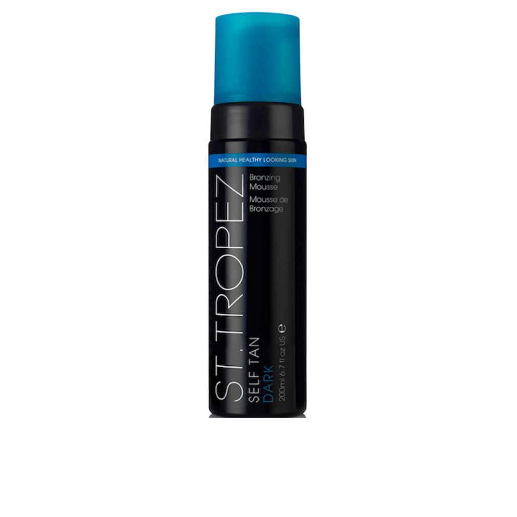 St.Tropez Selbstbräunungs-Mousse, dunkel. Schwarze Flasche mit blauem Deckel. Text: St.Tropez, Self Tan Dark, Bronzing Mousse.