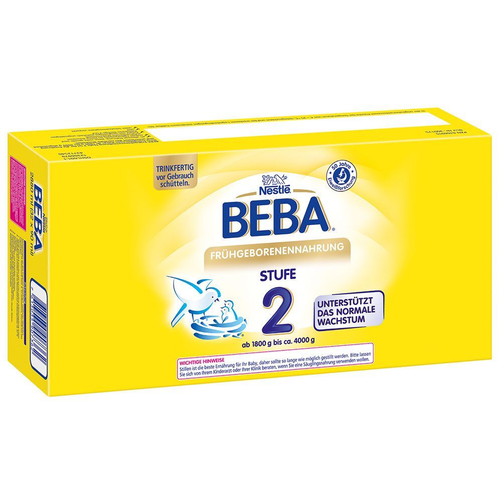 Gelbe Verpackung Nestlé BEBA Frühgeborenen Nahrung Stufe 2. Logo, Produktname, Stufe 2, und Informationen zum Wachstum. Mit Siegel.