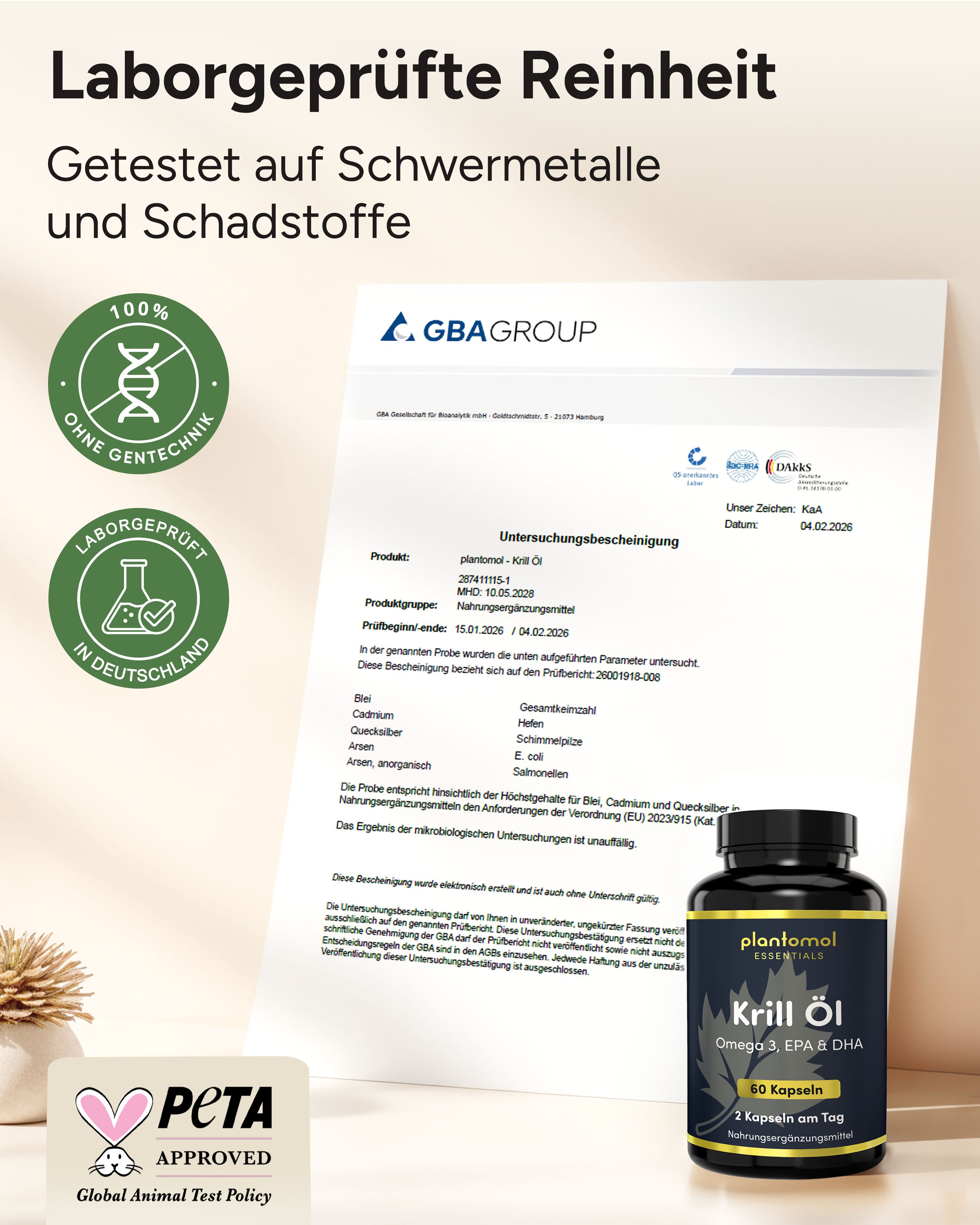 Schwarze Flasche plantomol® Essentials Krill-Öl. Laborgeprüfte Reinheit. Zertifikate: Ohne Gentechnik, Laborgeprüft in Deutschland, PETA.