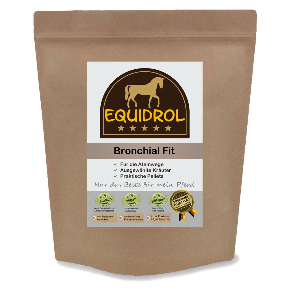 Beutel mit Produktetikett. Aufschrift: EQUIDROL Bronchial Fit. Enthält Kräuter und Pellets. Siegel: Premium Qualität.