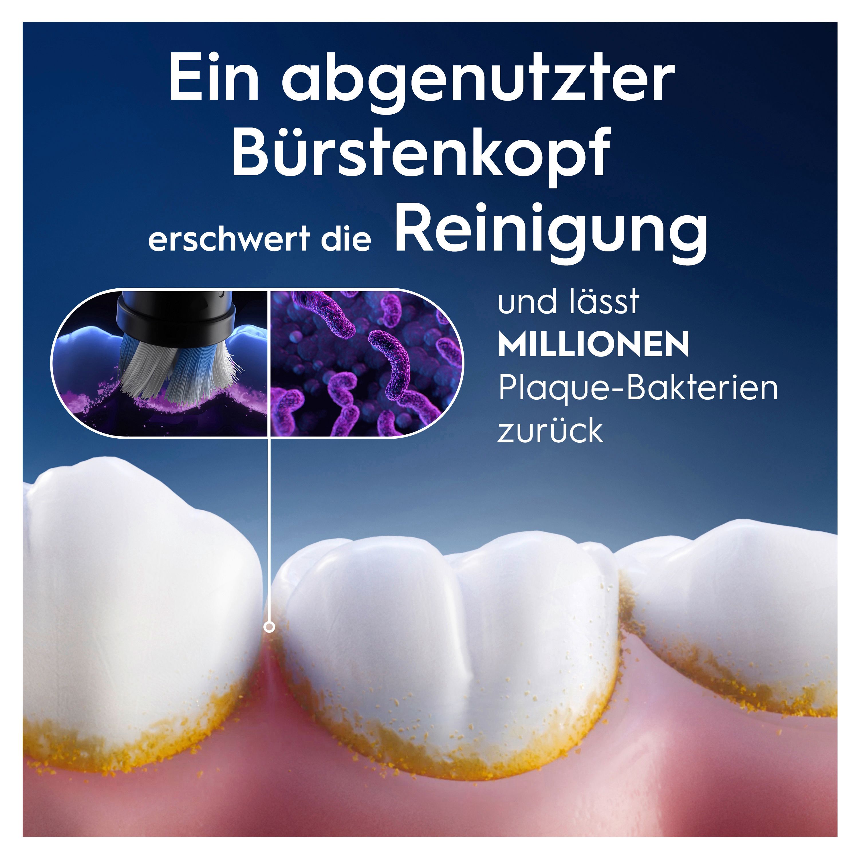 Nahaufnahme von Zähnen mit einem Bürstenkopf. Text: Ein abgenutzter Bürstenkopf erschwert die Reinigung und lässt Millionen Plaque-Bakterien zurück.