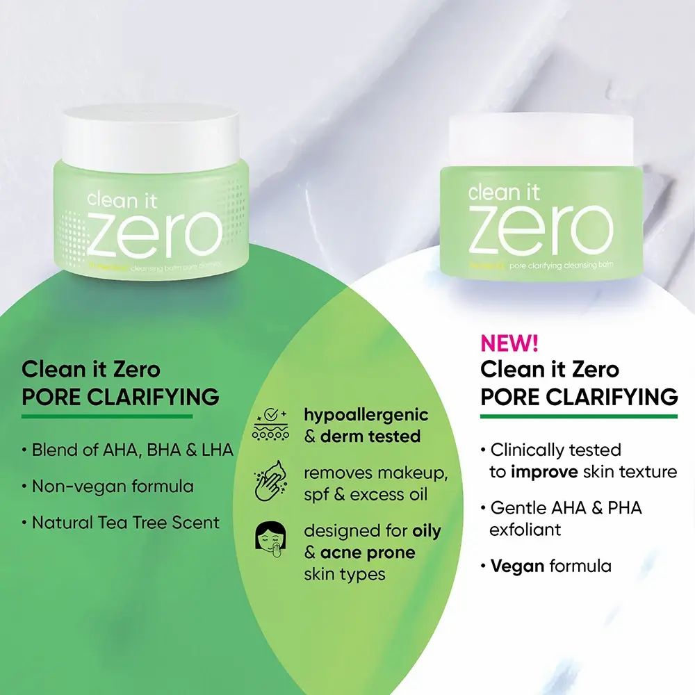 Zwei grüne Tiegel mit Produktinformationen. Text: Clean it Zero Pore Clarifying, Inhaltsstoffe, Eigenschaften.