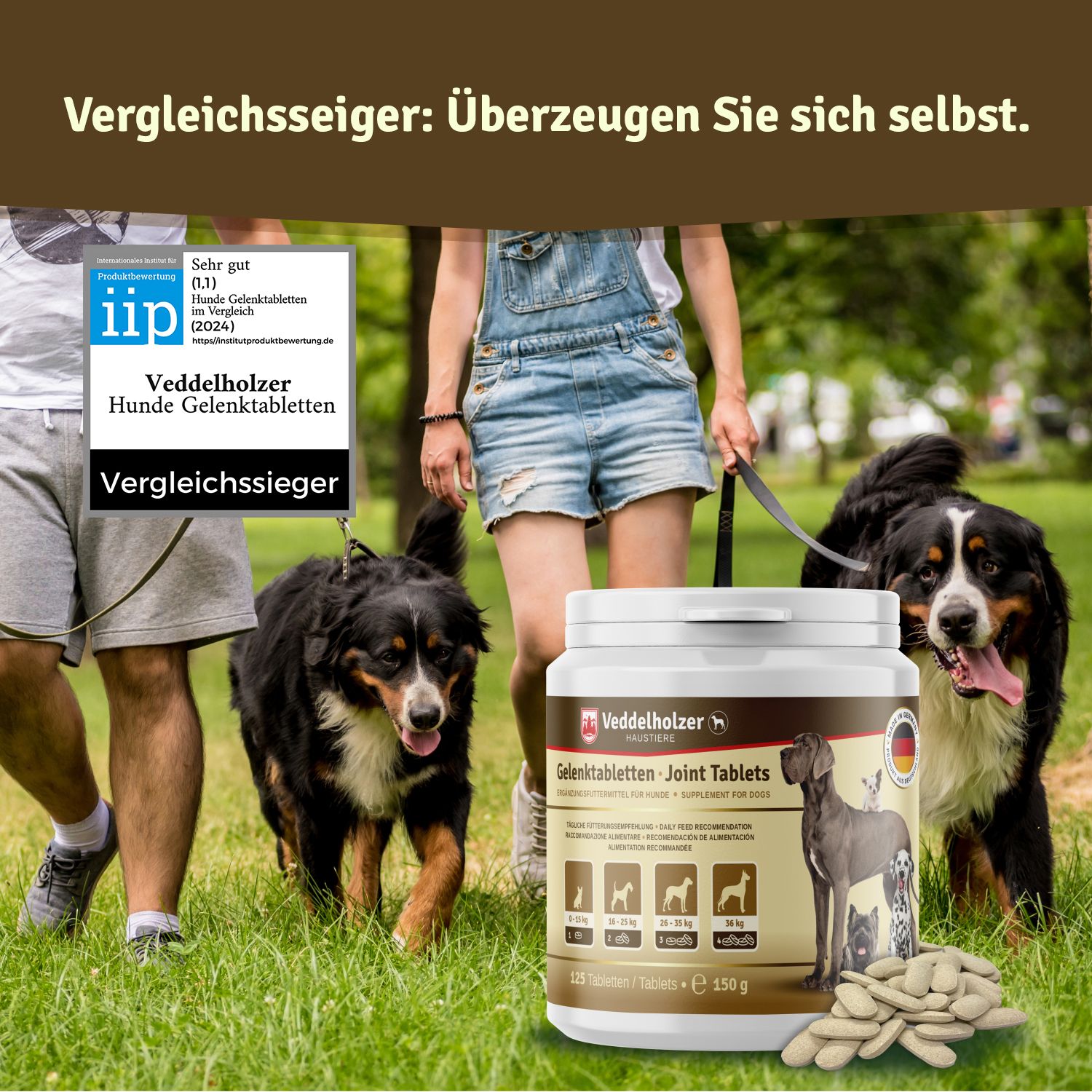 Produktbehälter mit Hunden und Menschen im Park. Auszeichnung "Vergleichssieger".