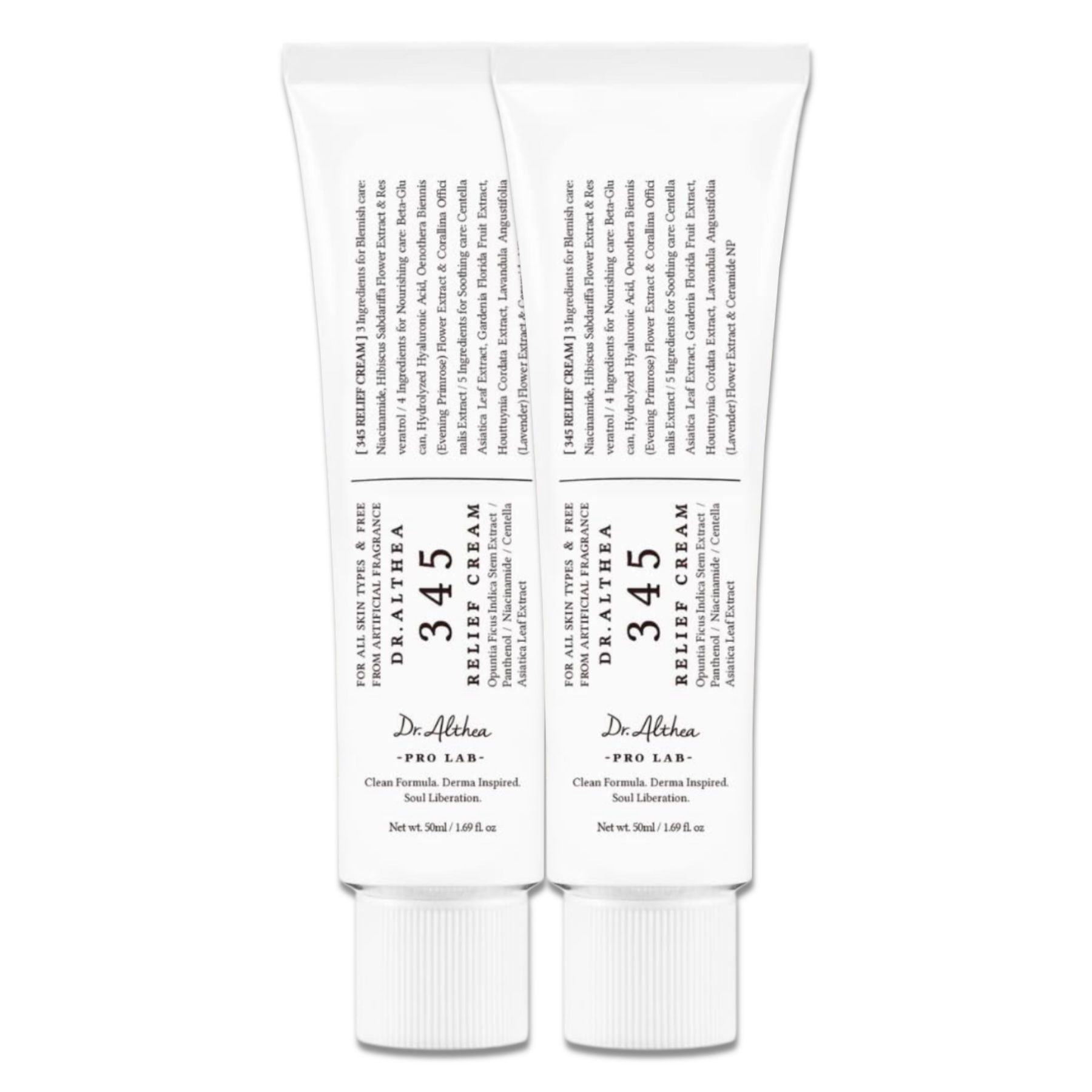 Zwei Tuben Dr. Althea 345 Relief Cream. Weiße Tuben mit schwarzer Schrift. Produktname und Inhaltsstoffe sind sichtbar.