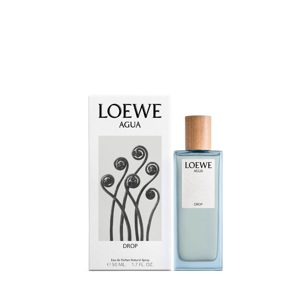 Flakon und Verpackung mit Logo und floralem Motiv. Aufschrift: LOEWE AGUA DROP. Eau de Parfum Natural Spray.