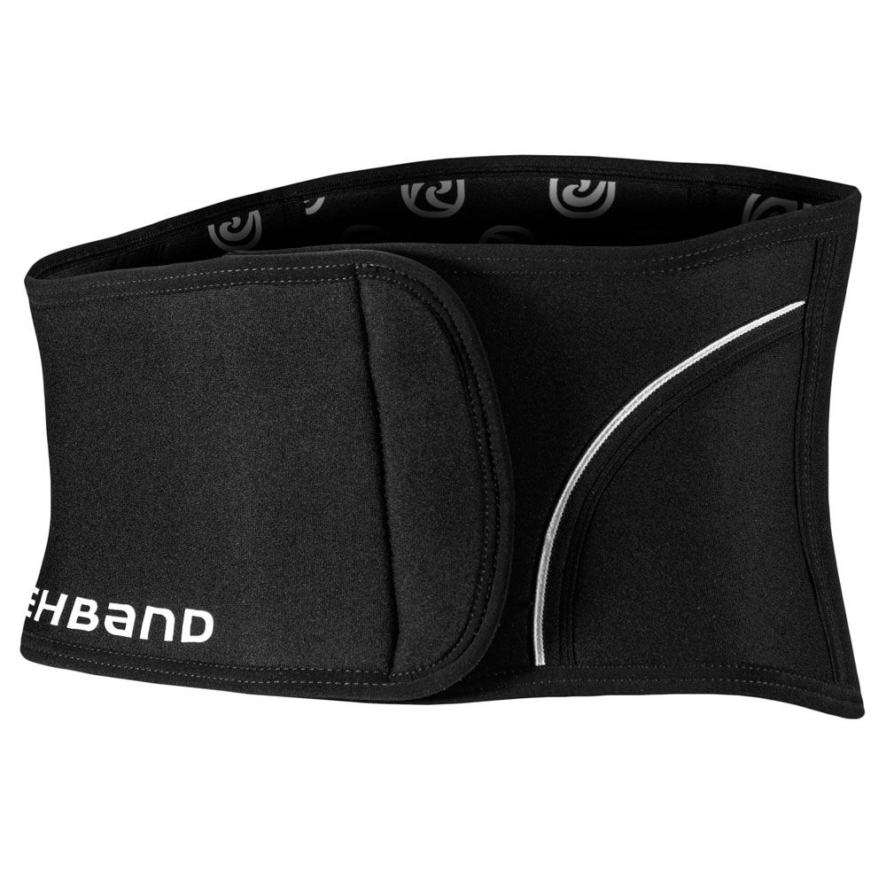 Schwarze Rückenbandage mit weißem Logo. Innenmuster. Marke: Rehband.