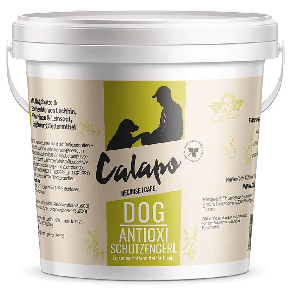 Weißer Eimer mit Deckel und Henkel. Aufschrift: Calapo DOG ANTIOXI SCHUTZENGERL. Ergänzungsfuttermittel für Hunde. Illustration: Hund und Mensch.