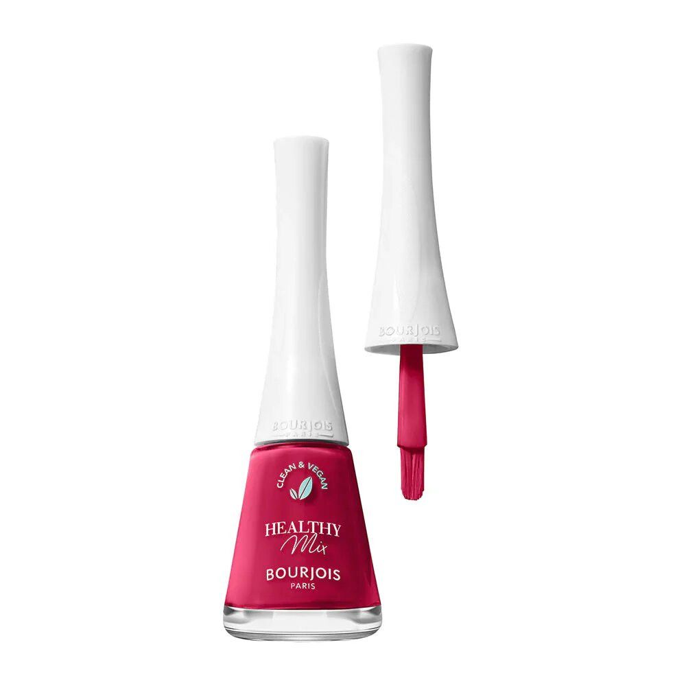 Nagellackflasche, rot, mit geöffnetem Deckel und Pinsel. Aufschrift: Healthy Mix, Bourjois. Clean & Vegan.