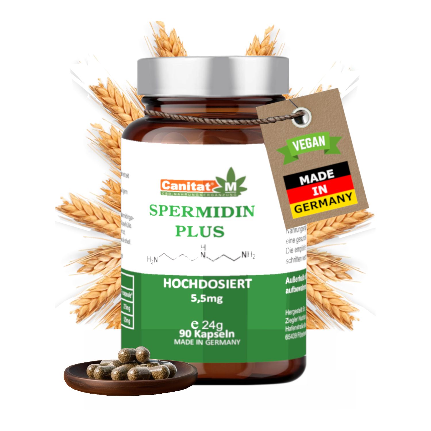 Braune Glasflasche mit Etikett. Aufschrift: SPERMIDIN PLUS 5,5mg, 90 Kapseln. Vegan-Label. Made in Germany. Weizenähren im Hintergrund.