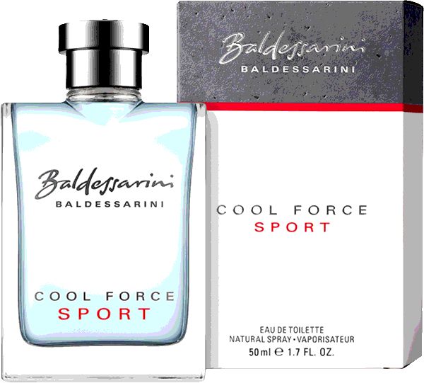 Baldessarini Cool Force Sport Eau de Toilette. Flakon und Verpackung. Text und Logo.