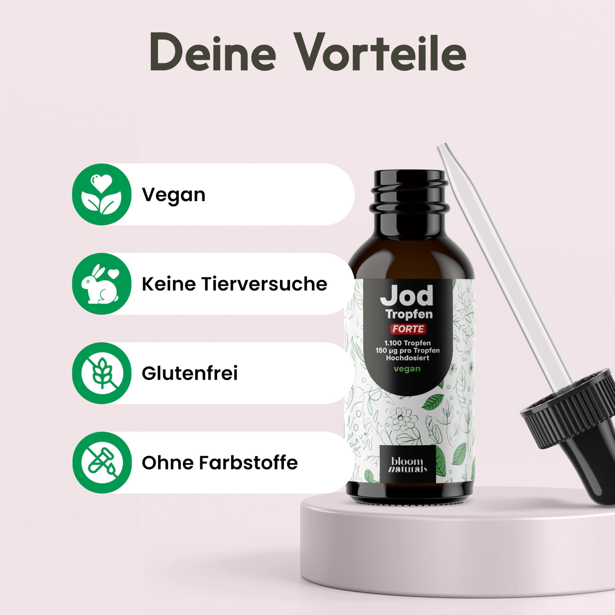 Braune Flasche mit Pipette. Text: Jod Tropfen FORTE, 150 µg pro Tropfen, vegan. Symbole: Vegan, Keine Tierversuche, Glutenfrei, Ohne Farbstoffe.