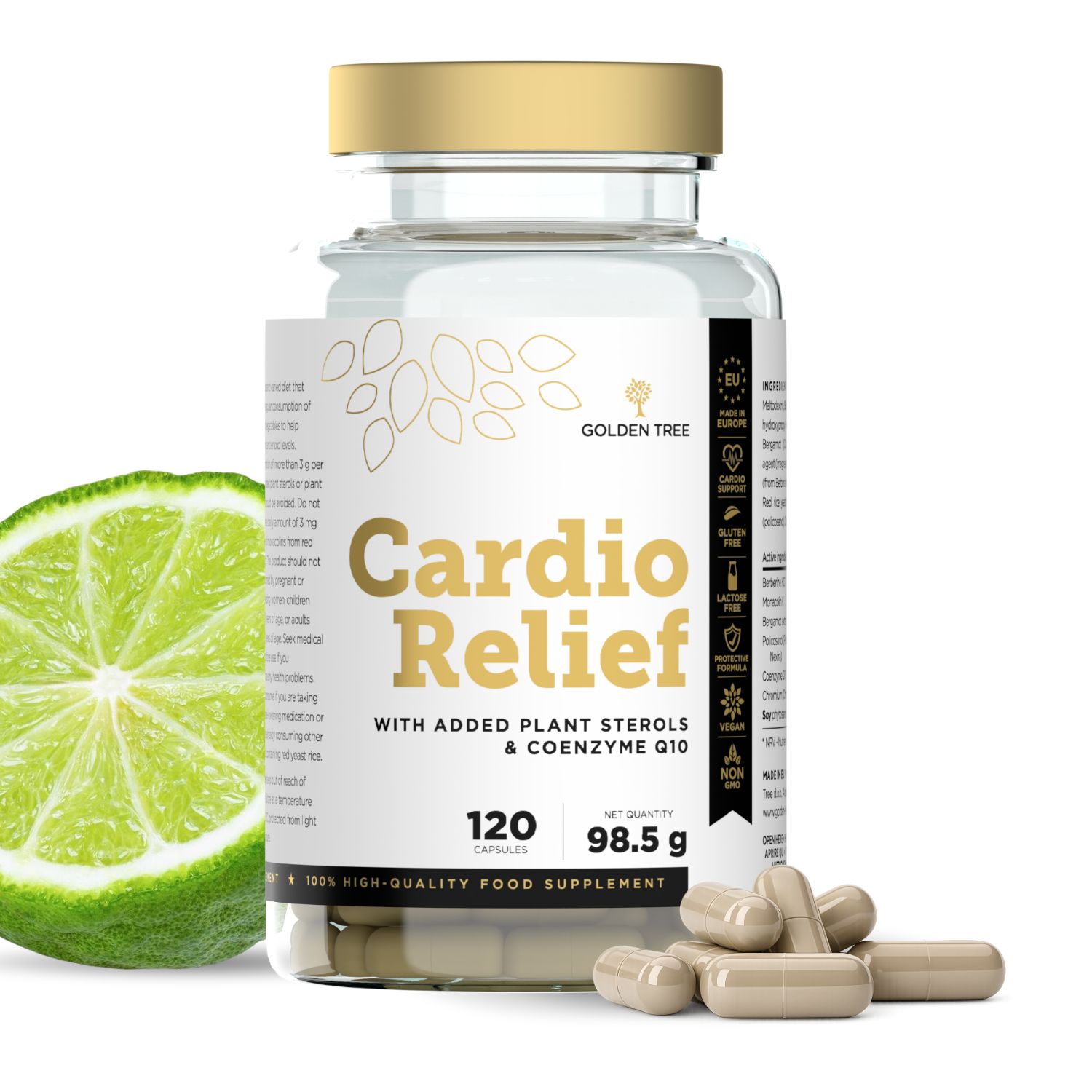 Flasche Golden Tree Cardio Relief Kapseln mit Limettenspalte und verstreuten Kapseln.
