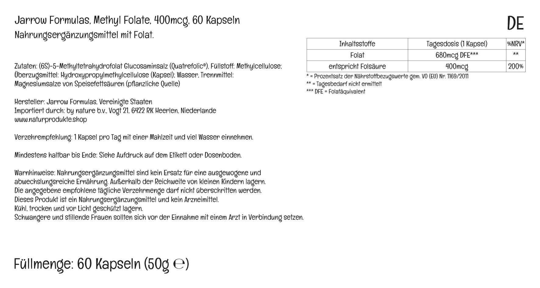Jarrow Formulas, Methyl Folate (5-MTHF), Folsäure,  vegane Kapseln
