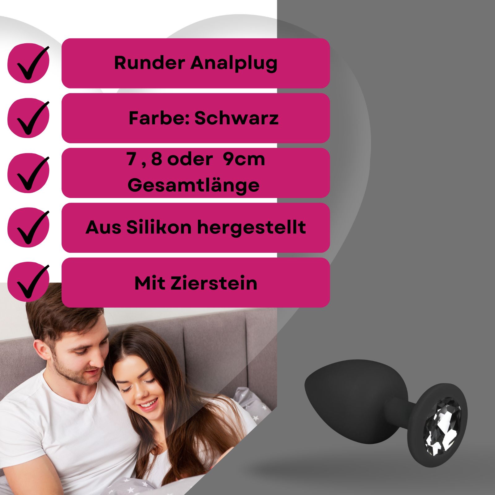 Produktinformationen: Analplug, schwarz, 7, 8 oder 9cm, Silikon, mit Zierstein. Paar im Hintergrund.