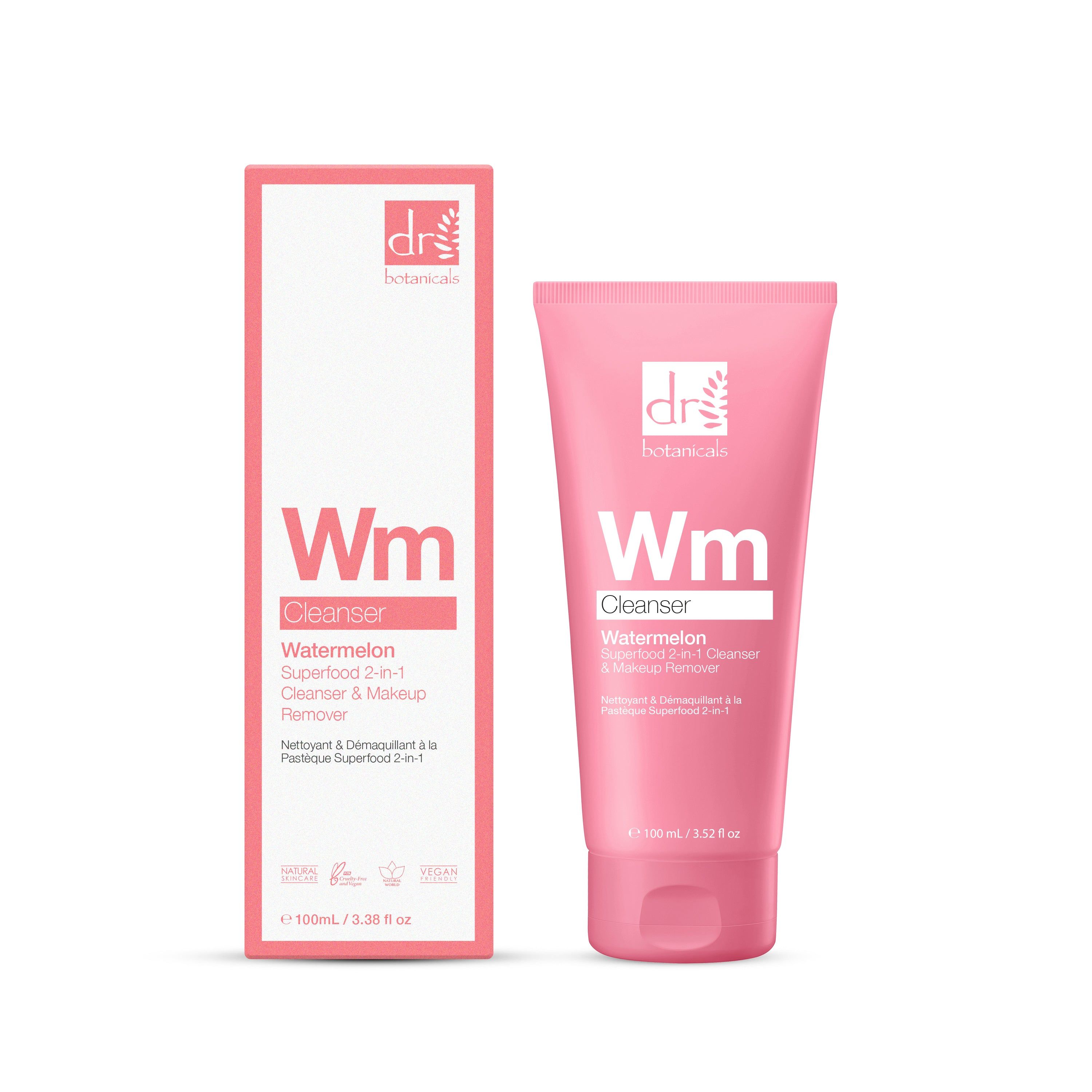 Rosa Tube mit weißer Aufschrift. Aufschrift: Wm Cleanser, Watermelon Superfood 2-in-1 Cleanser & Makeup Remover. Karton daneben.