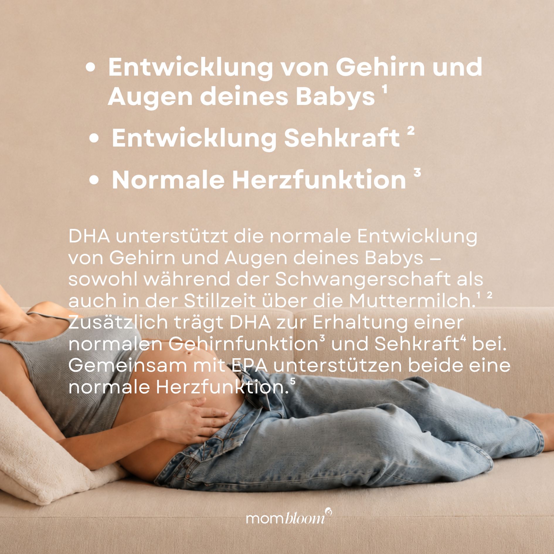 Schwangerenbauch auf einem Sofa. Text über die Entwicklung von Gehirn, Augen und Herzfunktion bei Babys.