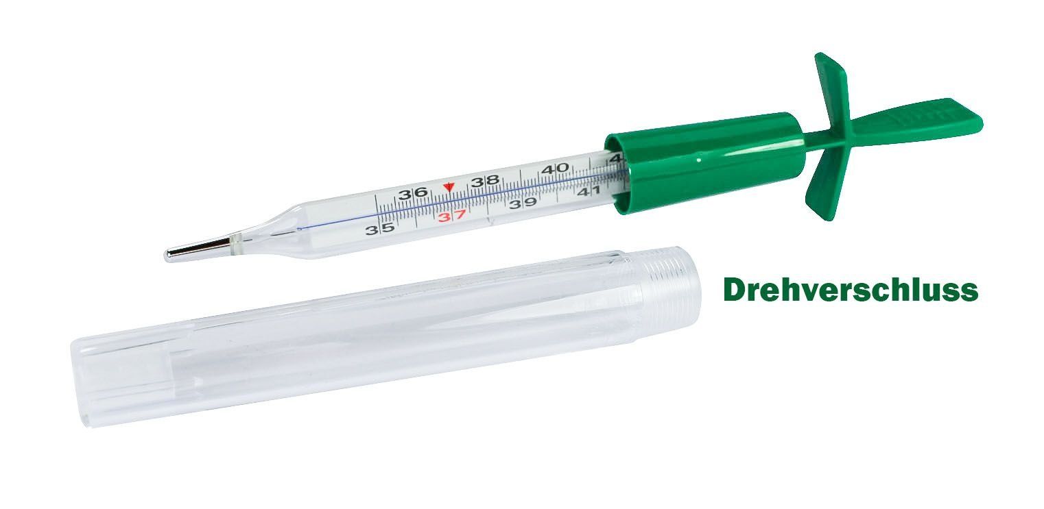 Analoges Fieberthermometer mit grüner Spitze und Schutzhülle. Skala von 35 bis 41 Grad Celsius. Drehverschluss.