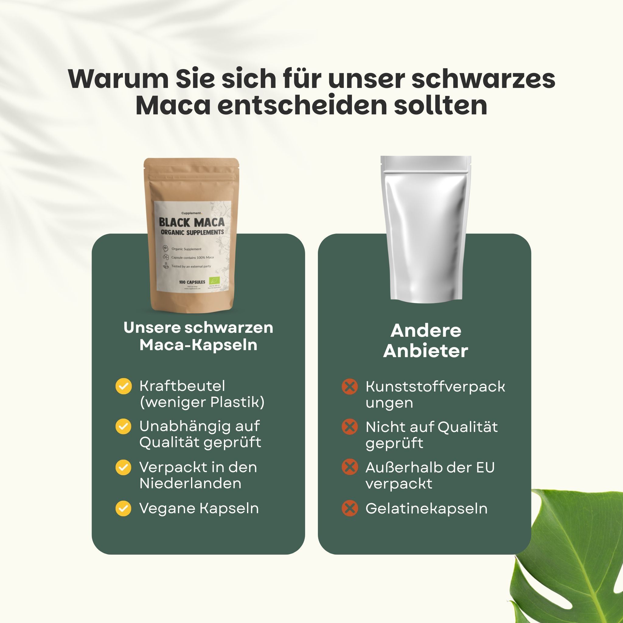 Vergleich von zwei Verpackungen. Links: Kraftbeutel. Rechts: Kunststoffverpackung. Text auf grünem Hintergrund.