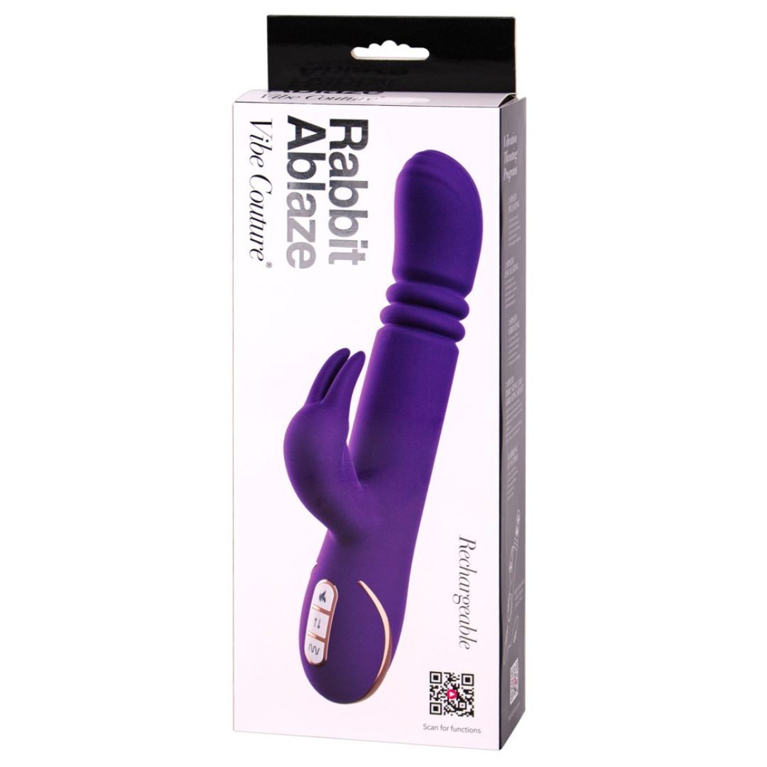 Produktverpackung mit lila Vibrator. Text: Rabbit Ablaze, Vibe Couture, Rechargeable. QR-Code.