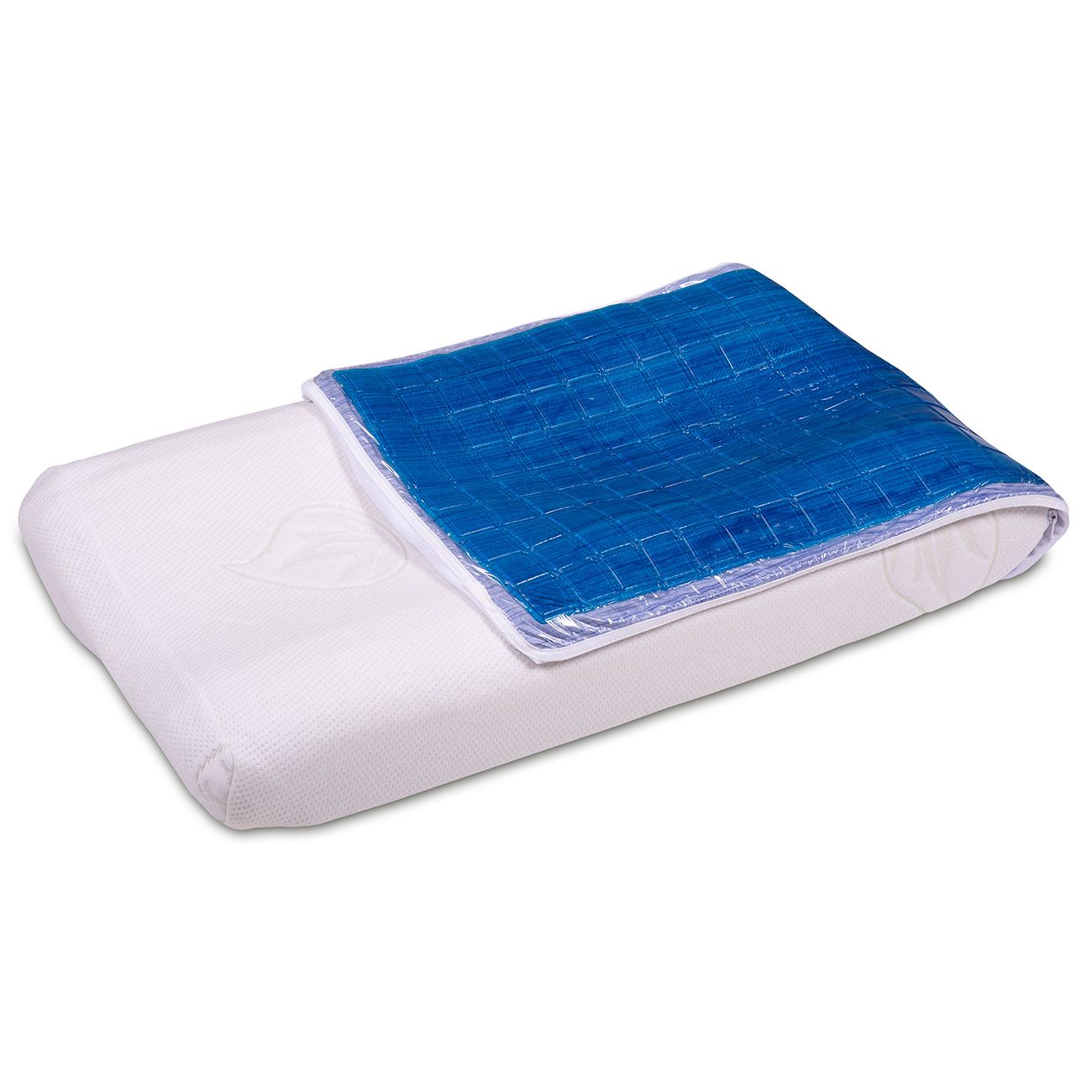 Kissen mit blauem Gel-Pad. Rechteckige Form, weißes Kissen, blaues Gel-Pad oben.