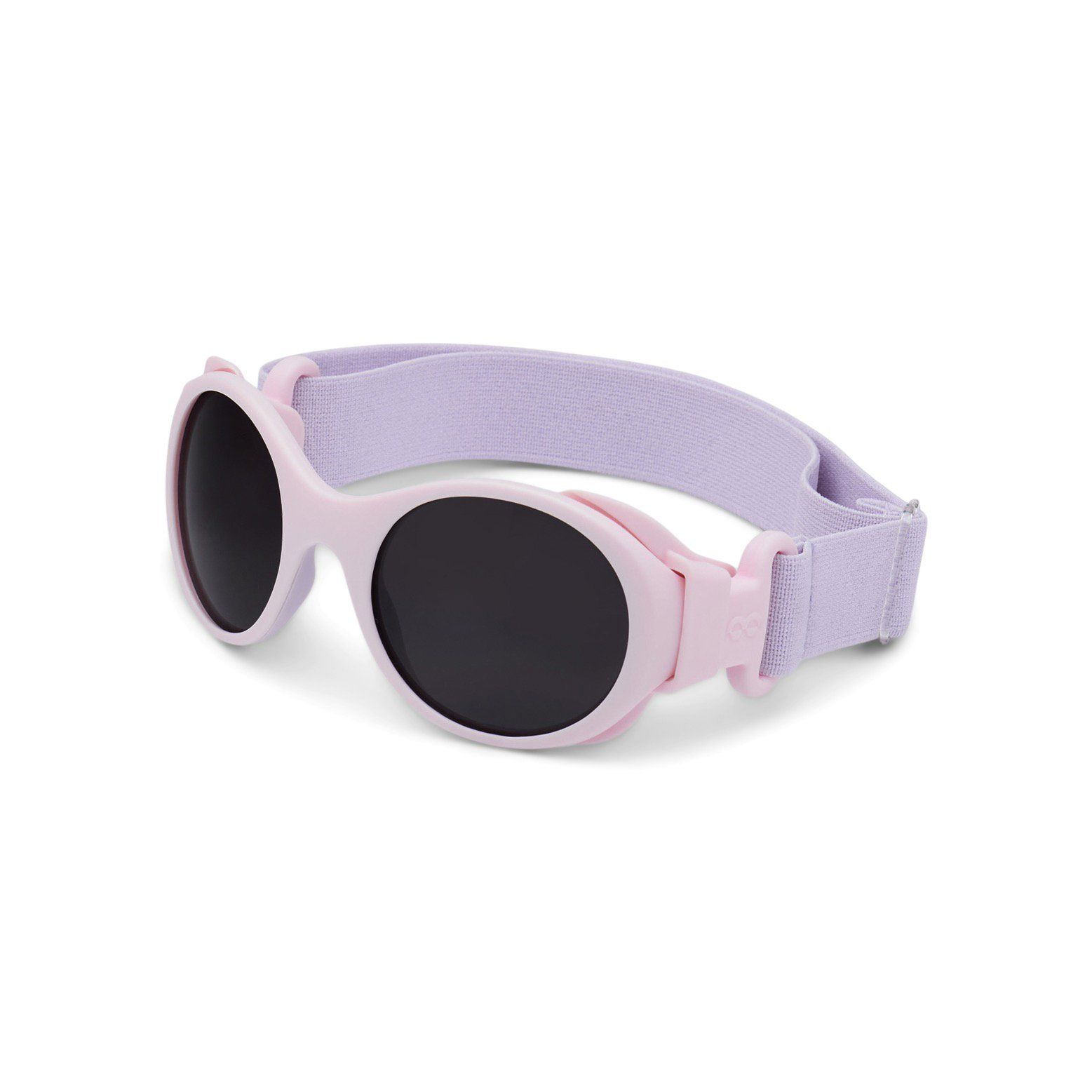 Rosa Sonnenbrille mit schwarzem Glas und lila Band. Seitenansicht.