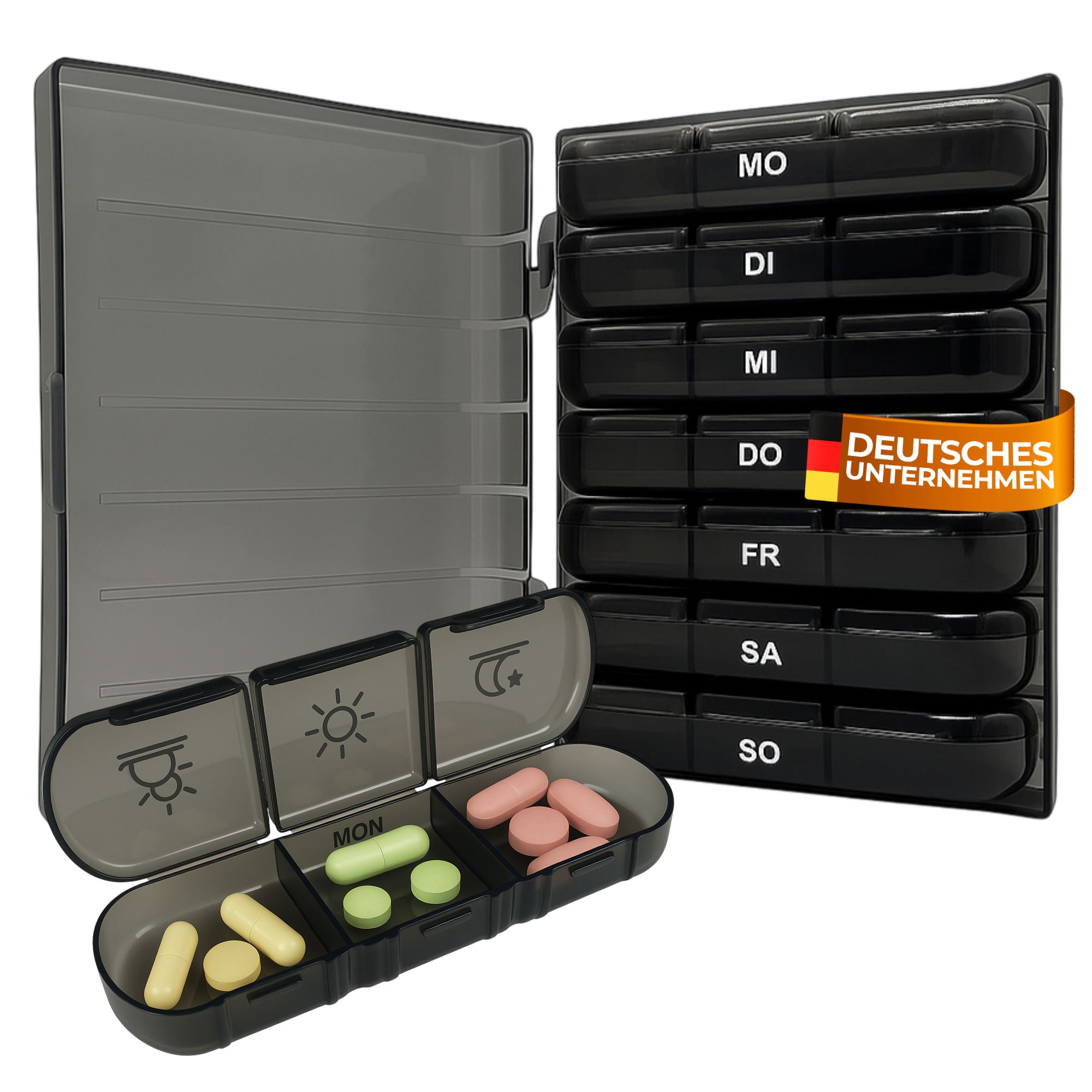 Senomed - Tablettenbox mit 3 Fächern pro Tag – Wochendosierer schwarz