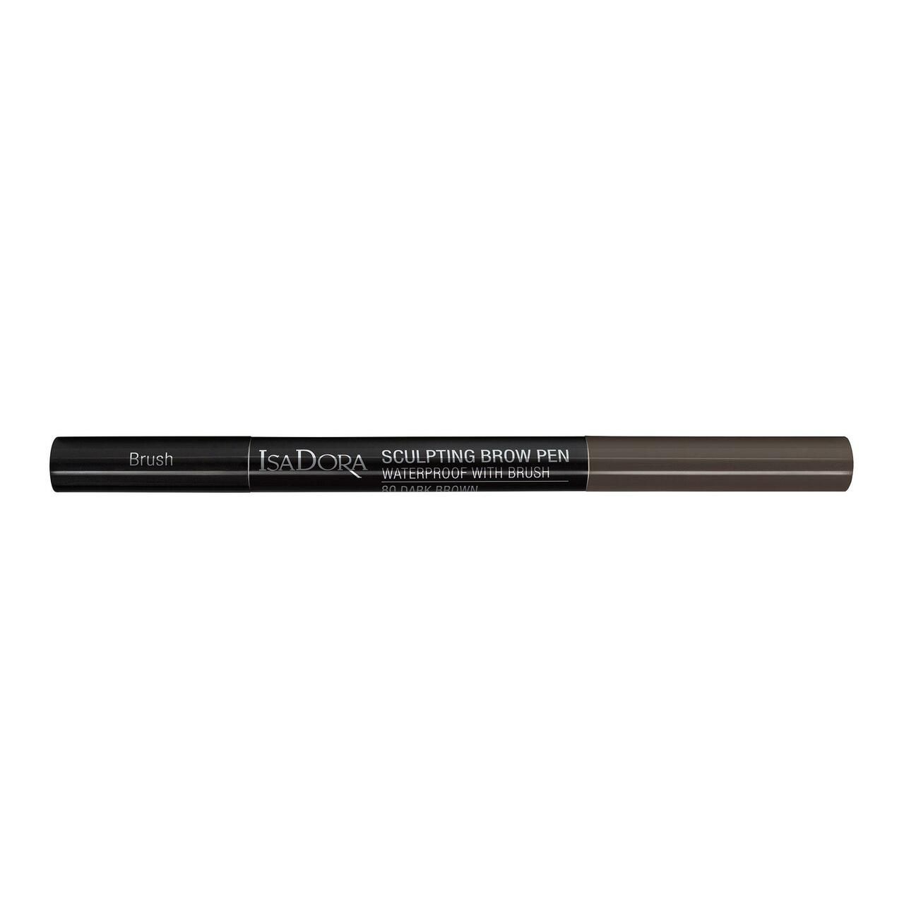 IsaDora Sculpting Brow Pen. Dunkelbrauner Stift mit Bürste. Schwarzer Stift mit Schriftzug. Aufschrift: Waterproof with Brush.