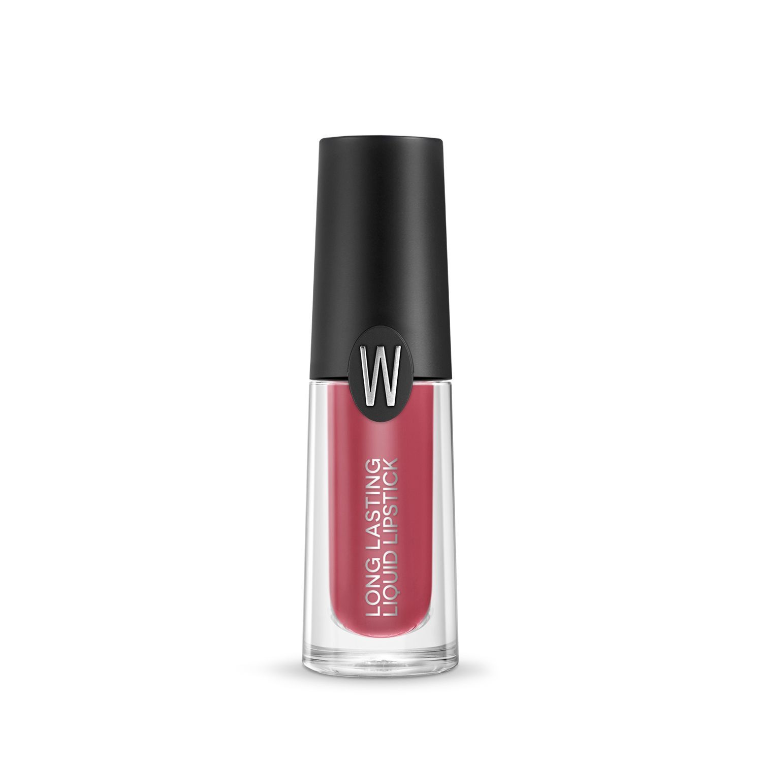 Flüssiger Lippenstift in einer transparenten Flasche. Schwarzer Deckel. Rosa Lippenstiftfarbe sichtbar. Aufschrift: LONG LASTING LIPSTICK.